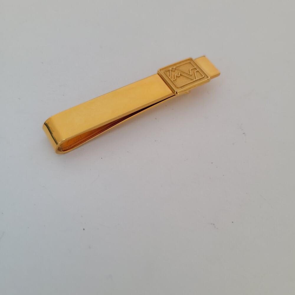 Mario Valentino MV USA Vintage Tack Tie Clasp Clip Bar Gold Retro Logo Rectangle - Picture 5 of 6